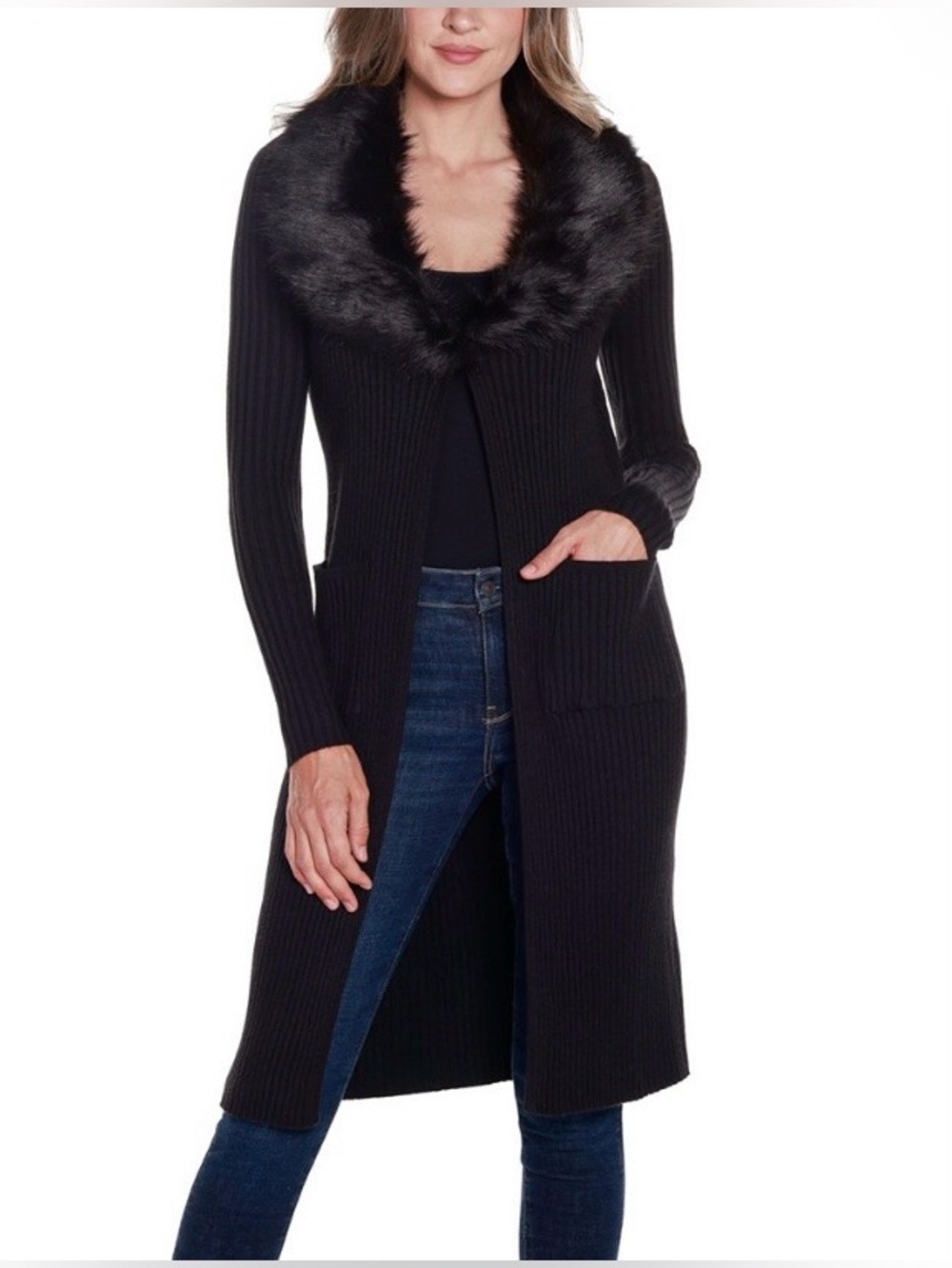 ⭐️NWT⭐️ Belldini Women's Ribbed Faux-Fur Collar Duster Cardigan Sweater, Size M